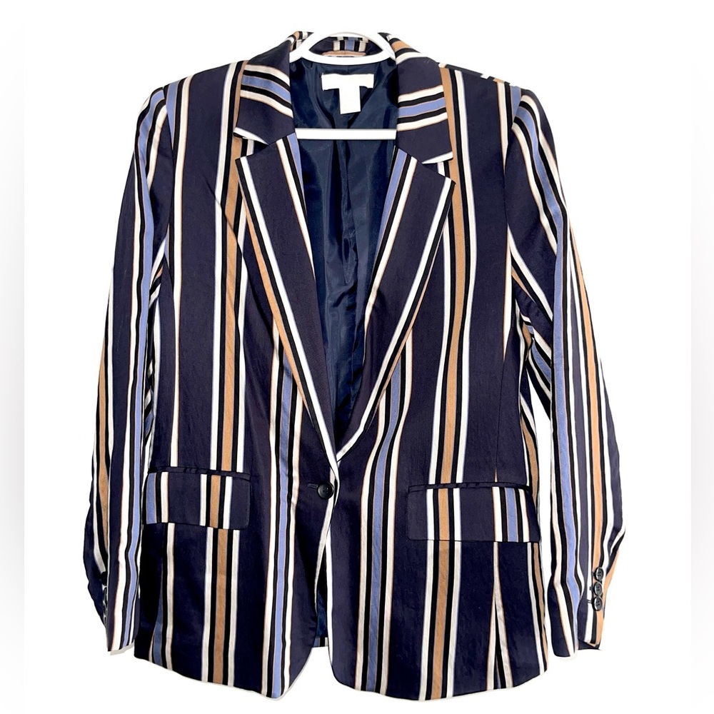 H&M Suit Jacket - Blue with light blue, yellow & white stripes - Size US 8